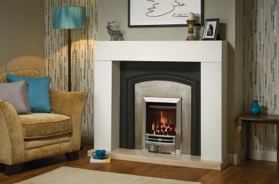 Chartwell front in polsihed chrome effect with Arts2 frame and Logic convector fire